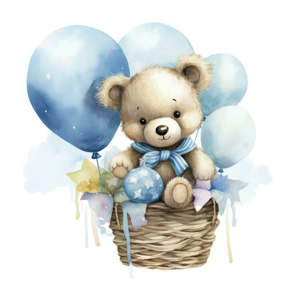 ai generiert ein Aquarell Baby Teddy Bär ist Sitzung im das Korb mit Blau und Gold Luftballons. ai generiert foto