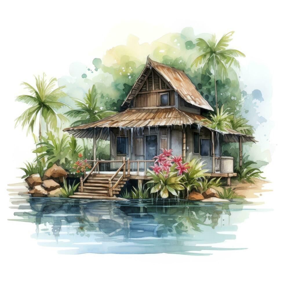 ai generiert ein aquarelliert hell heiter Bild von ein traditionell Bahay kubo. ai generiert foto