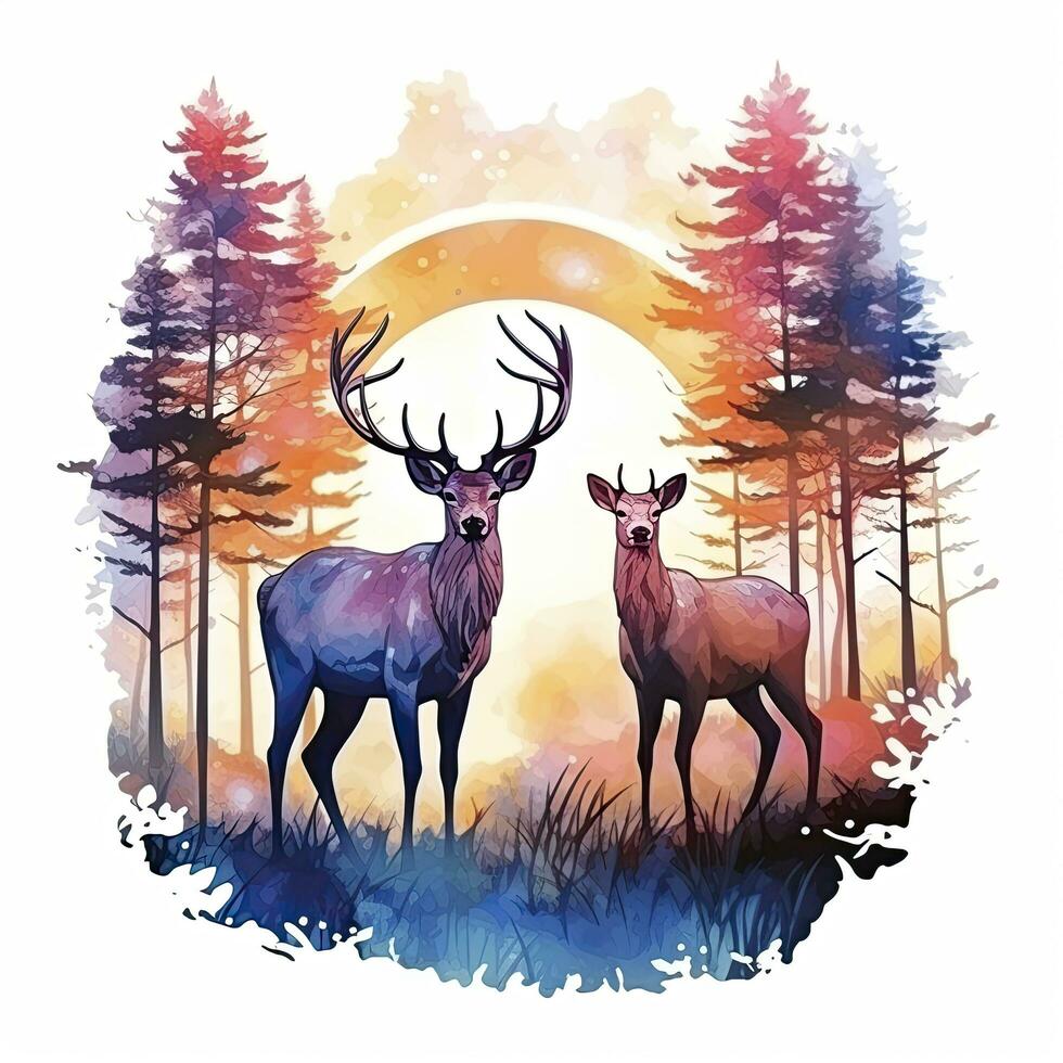 ai generiert bunt Hirsche im Wald. T-Shirt Design. ai generiert foto