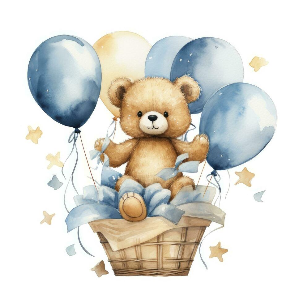 ai generiert ein Aquarell Baby Teddy Bär ist Sitzung im das Korb mit Blau und Gold Luftballons. ai generiert foto