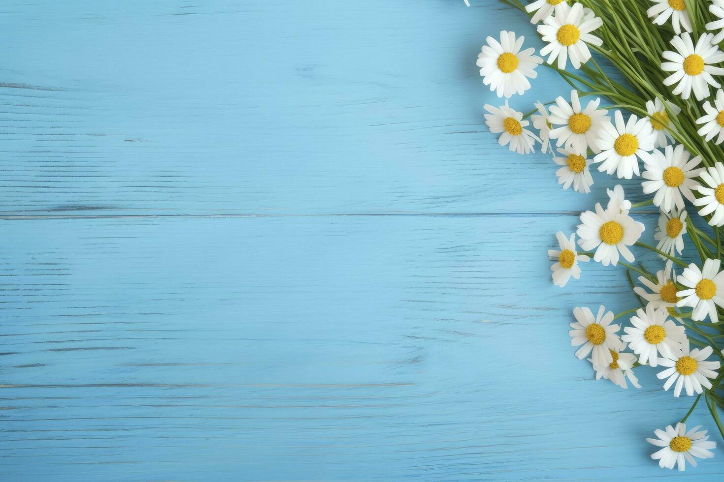 ai generiert Gänseblümchen Rand auf Blau Holz. ai generiert foto