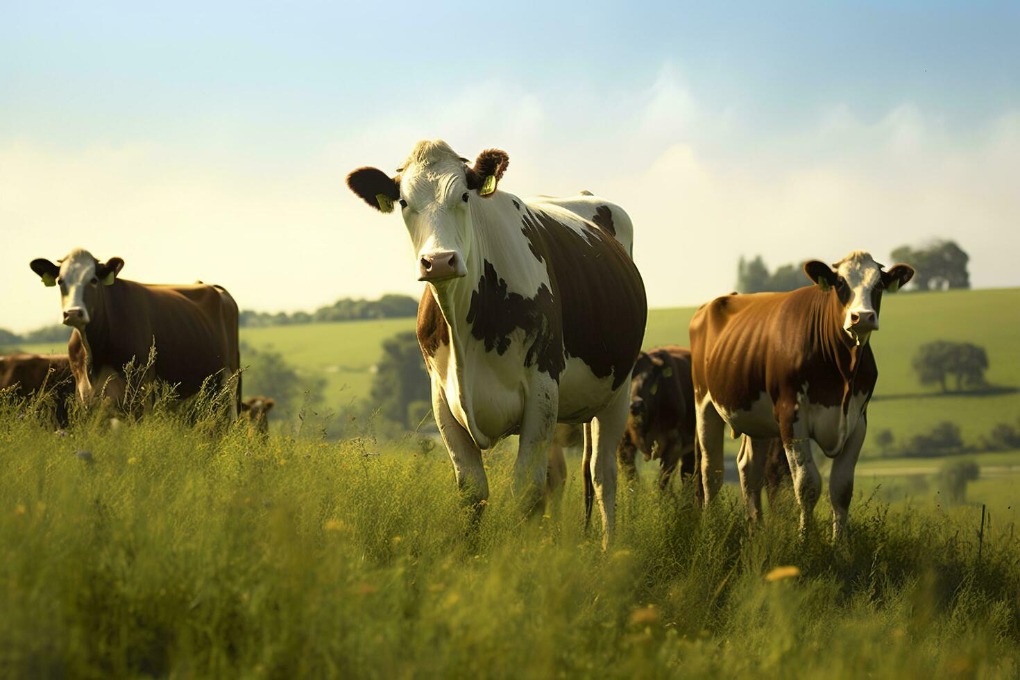 ai generiert Gruppe von Kühe Stehen im ein grasig Feld. ai generiert foto