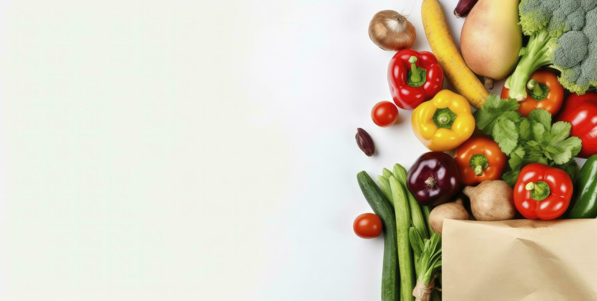 ai generiert gesund Essen im Papier Tasche Gemüse und Früchte auf Weiß Hintergrund. ai generiert foto