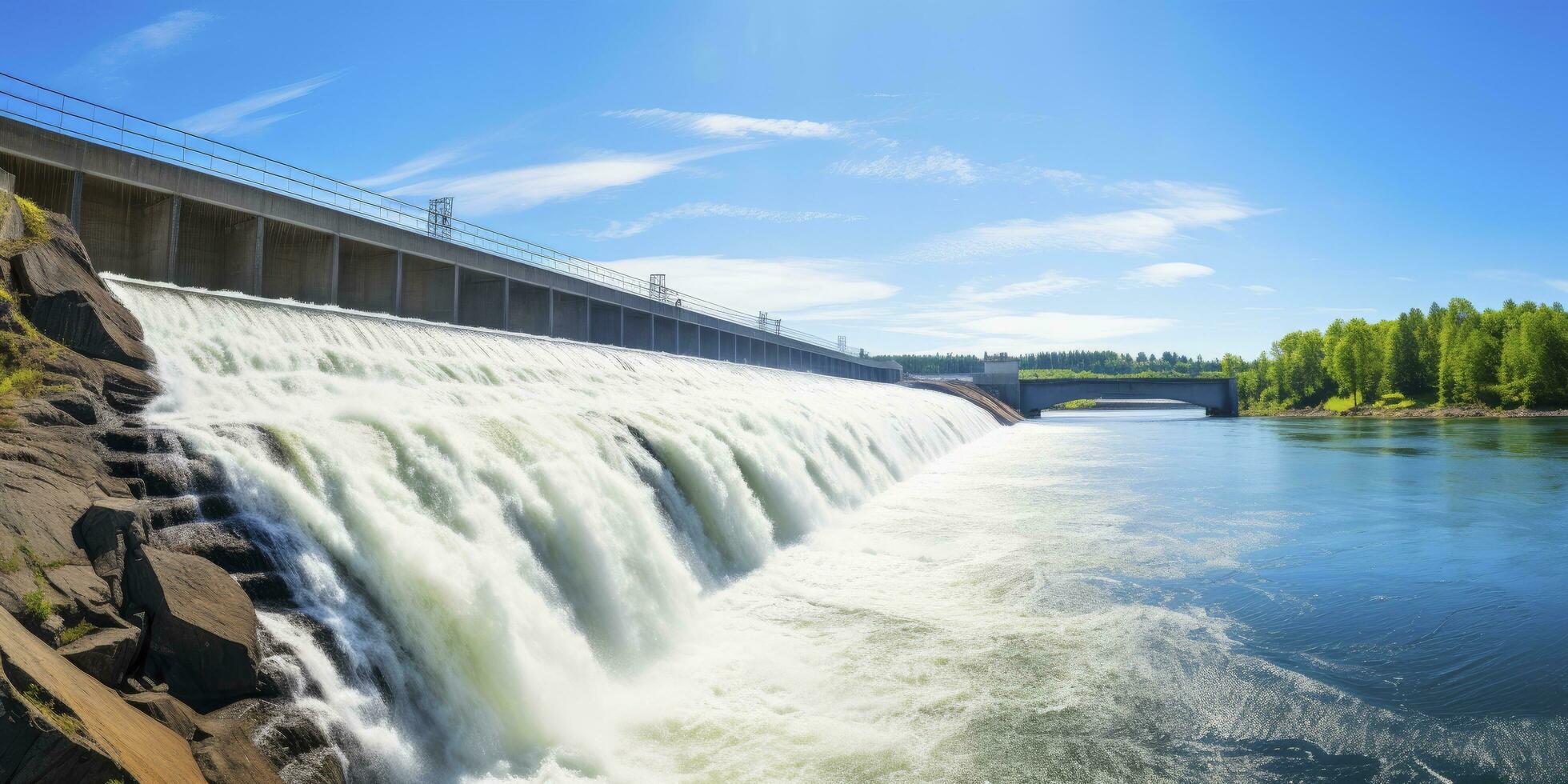 ai generiert Wasserkraft Damm Erstellen Grün Energie von fließend Wasser. ai generiert. foto