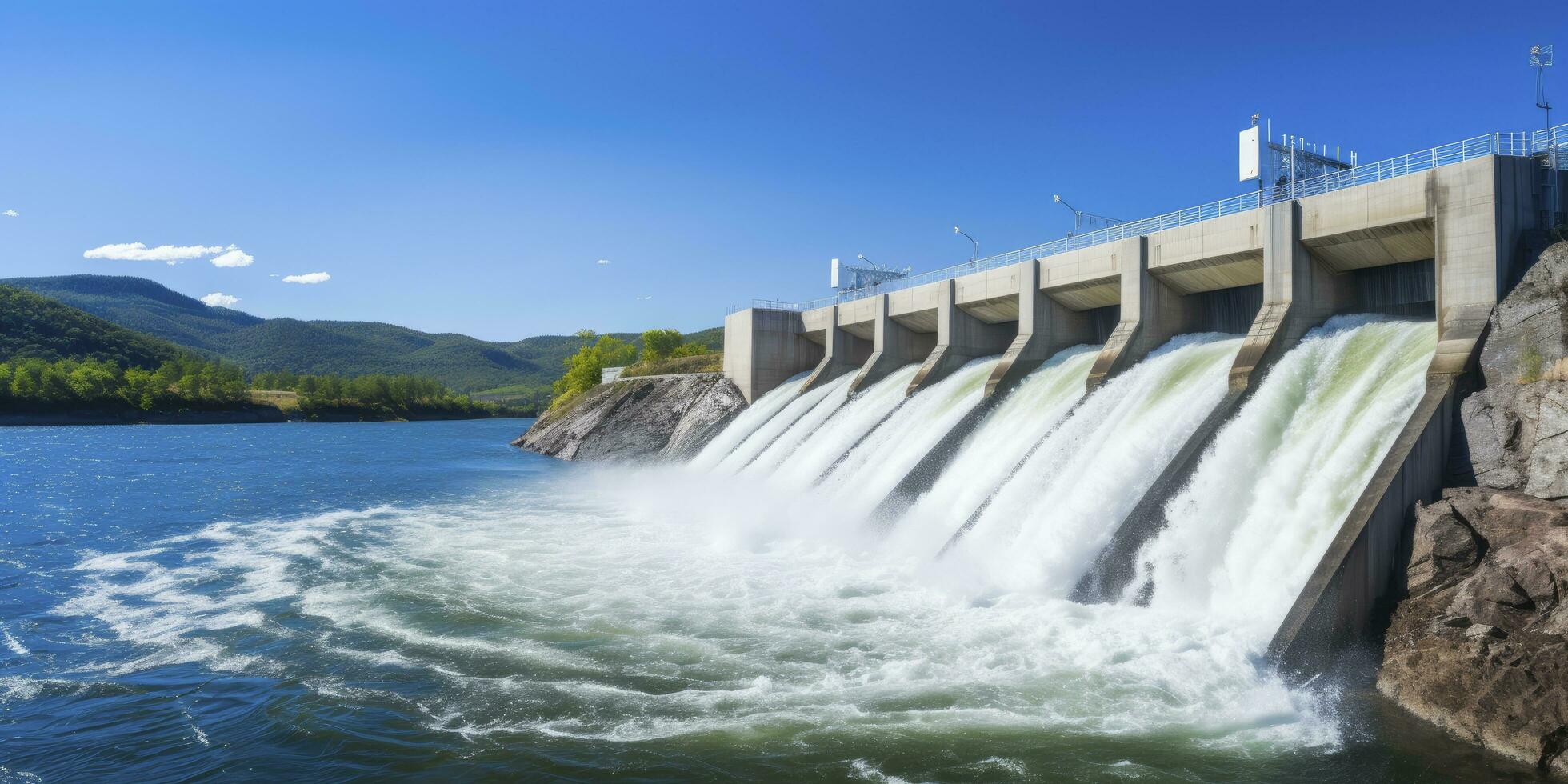 ai generiert Wasserkraft Damm Erstellen Grün Energie von fließend Wasser. ai generiert. foto