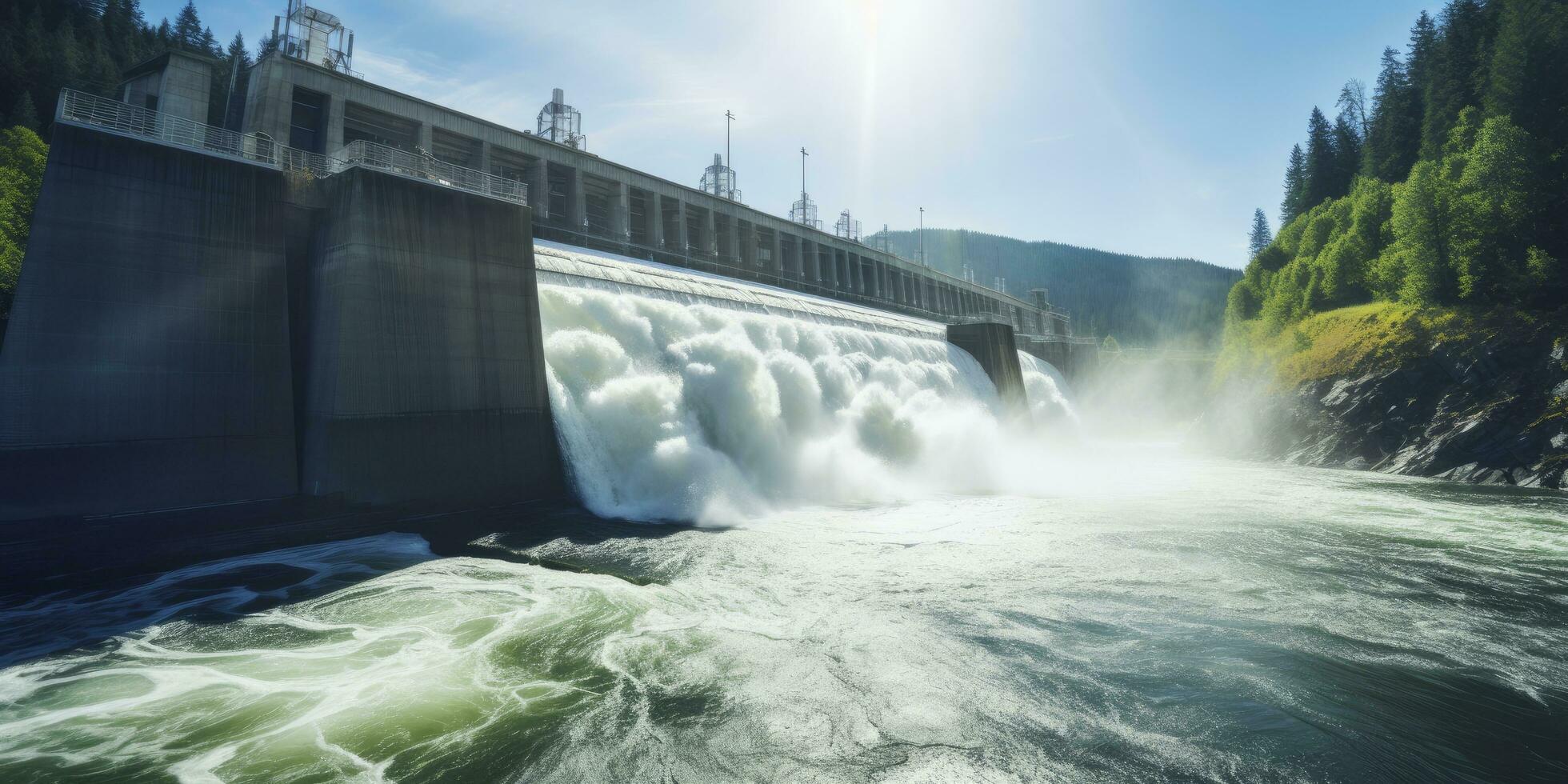 ai generiert Wasserkraft Damm Erstellen Grün Energie von fließend Wasser. ai generiert. foto