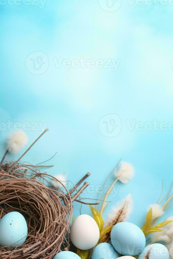 ai generiert Ostern Eier im ein Nest auf ein Blau Hintergrund foto