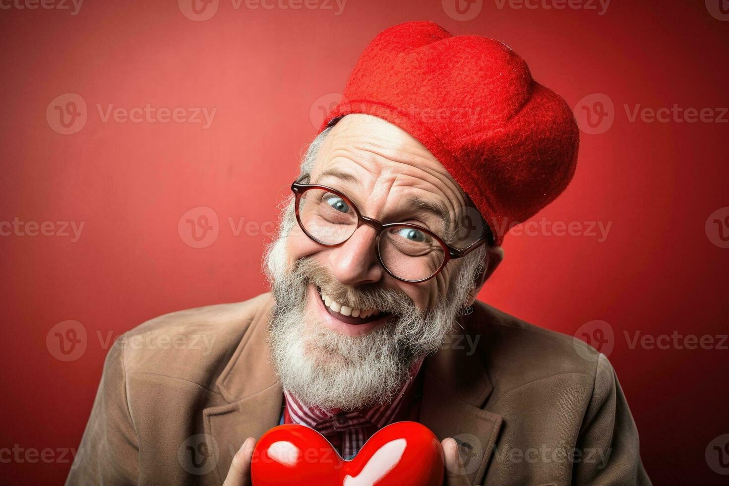 ai generiert Porträt von ein glücklich Mann mit ein rot Herz auf Valentinstag Tag Konzept. foto