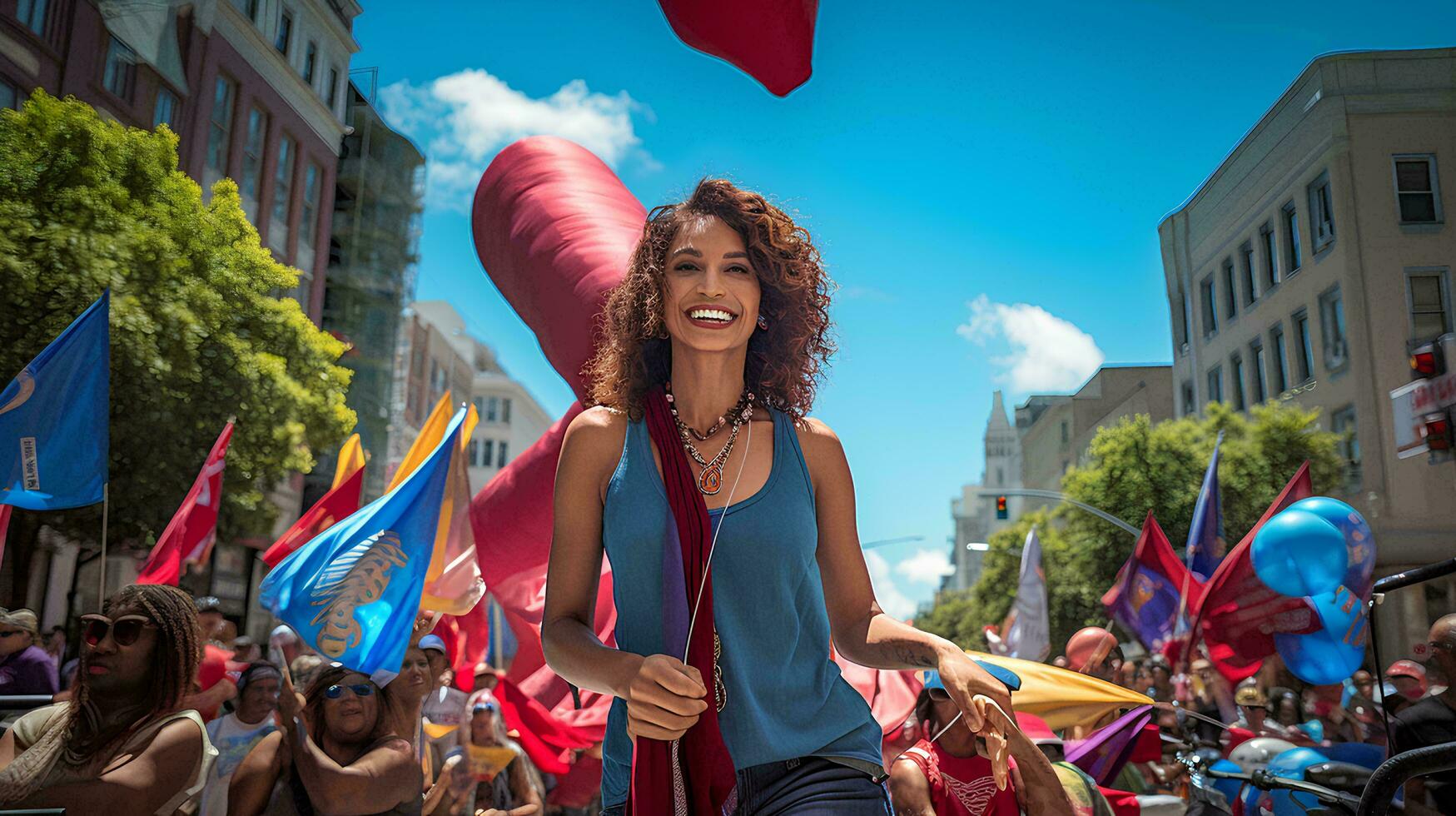ai generiert Foto glücklich spielerisch multiethnisch von Arbeit Tag Feier im Straße