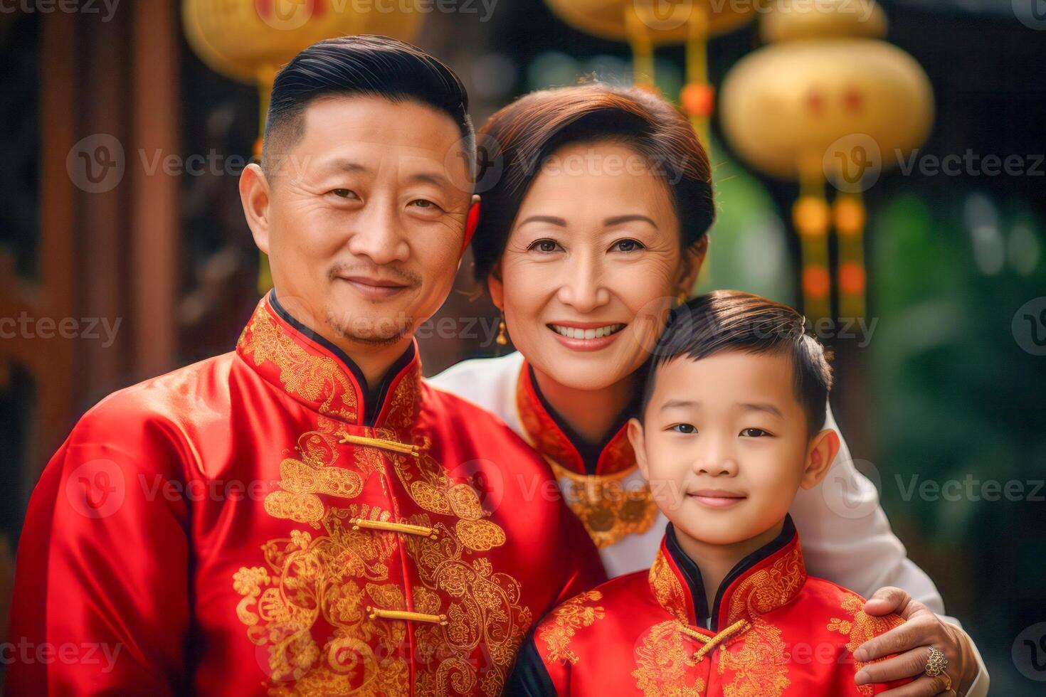 ai generiert traditionell Chinesisch Familie im festlich Kleidung posieren zum ein Porträt foto