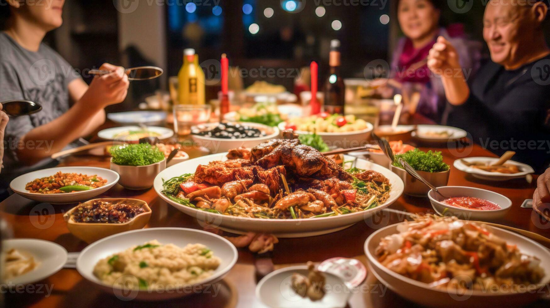 ai generiert Familie genießen ein festlich Chinesisch Neu Jahr Abendessen foto