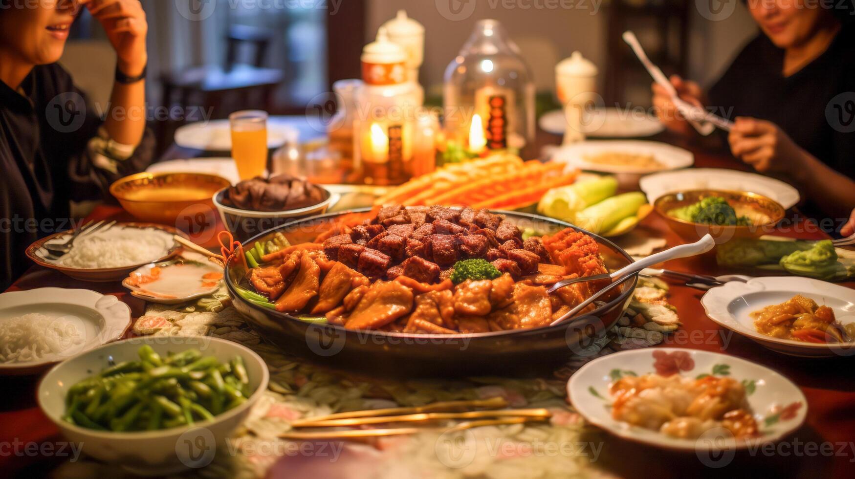 ai generiert intim Familie Abendessen mit traditionell Chinesisch Geschirr foto