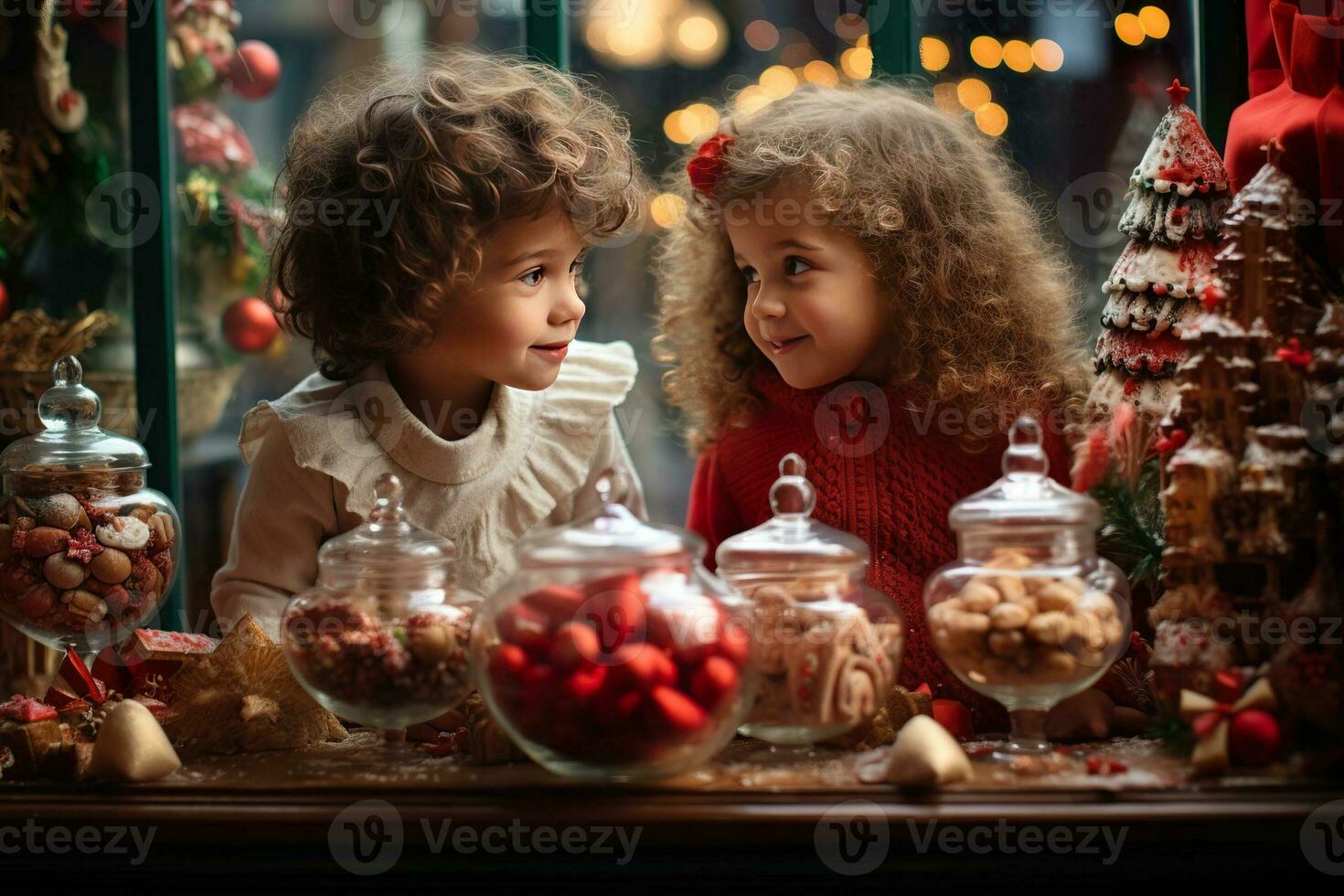 ai generiert Kinder suchen ein Fenster von ein Weihnachten Geschäft auf Weihnachten Tag foto