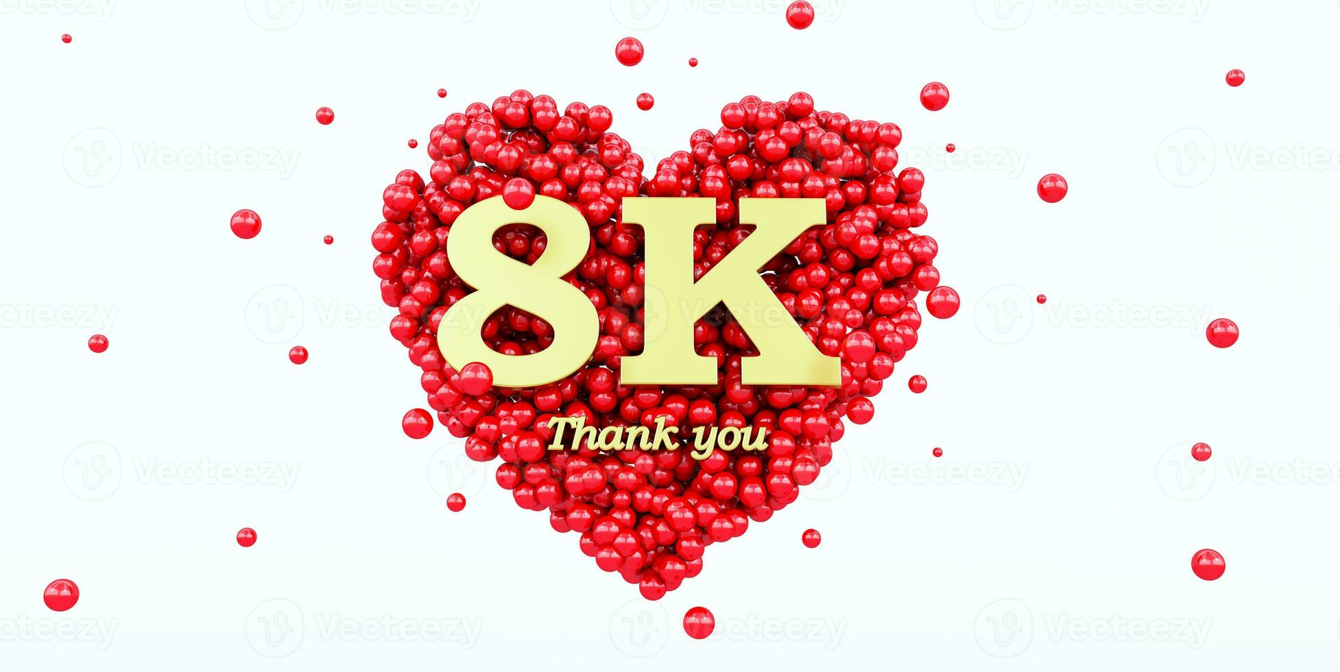 3d machen von ein Gold 8000 Anhänger danken Sie isoliert auf Weiß Hintergrund, 8 Tausend, rot Herz und rot Luftballons, foto