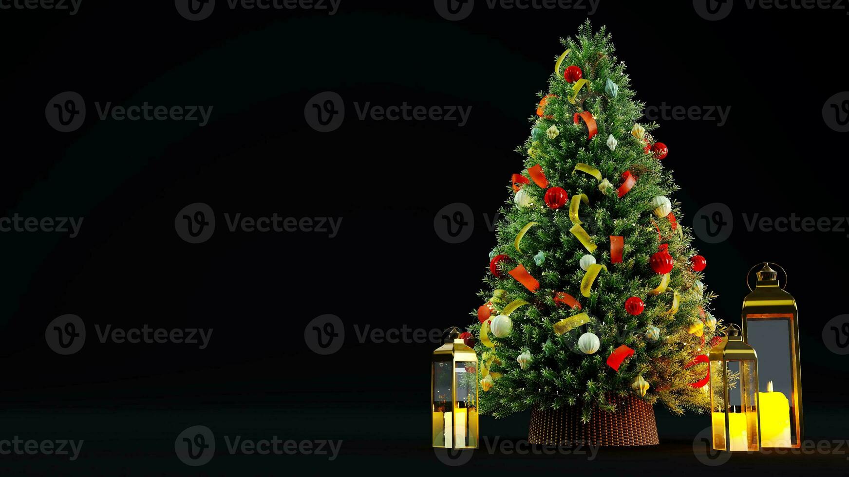 3d machen von dekoriert Weihnachten Baum isoliert auf schwarz Hintergrund, Neu Jahr Konzept foto