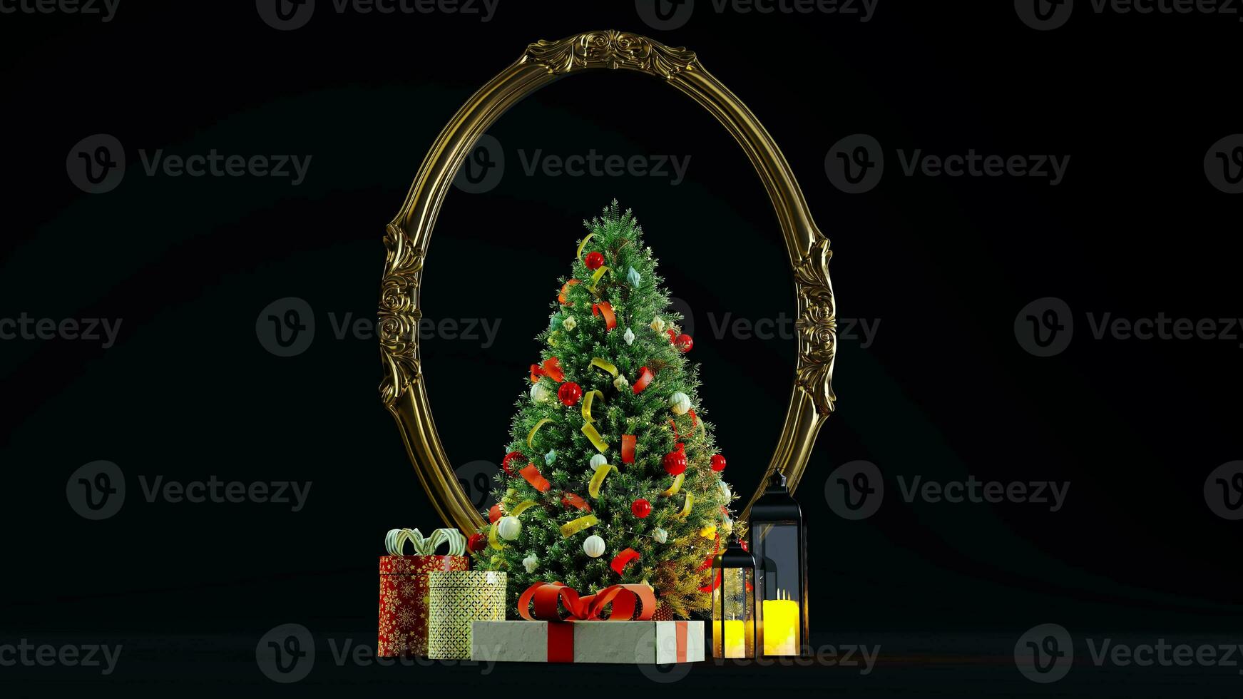 3d machen von dekoriert Weihnachten Baum mit die Geschenke isoliert auf schwarz Hintergrund, Neu Jahr Konzept foto