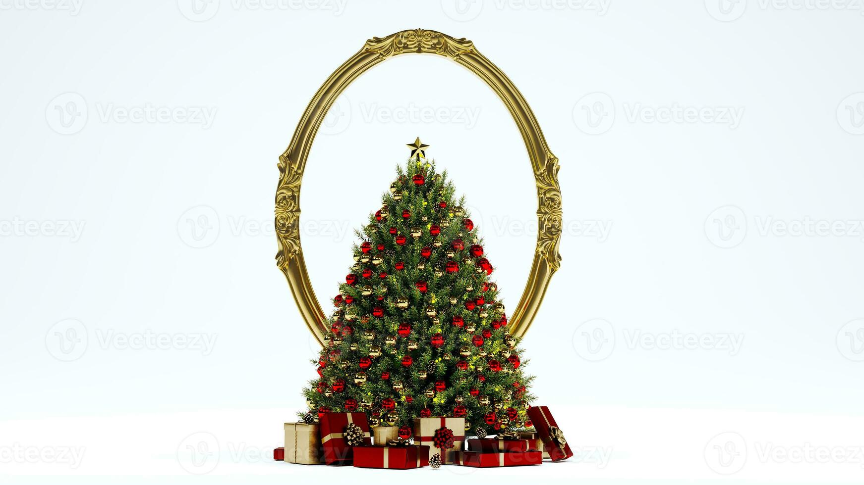 3d machen von dekoriert Weihnachten Baum mit die Geschenke isoliert auf Weiß Hintergrund, Neu Jahr Konzept foto