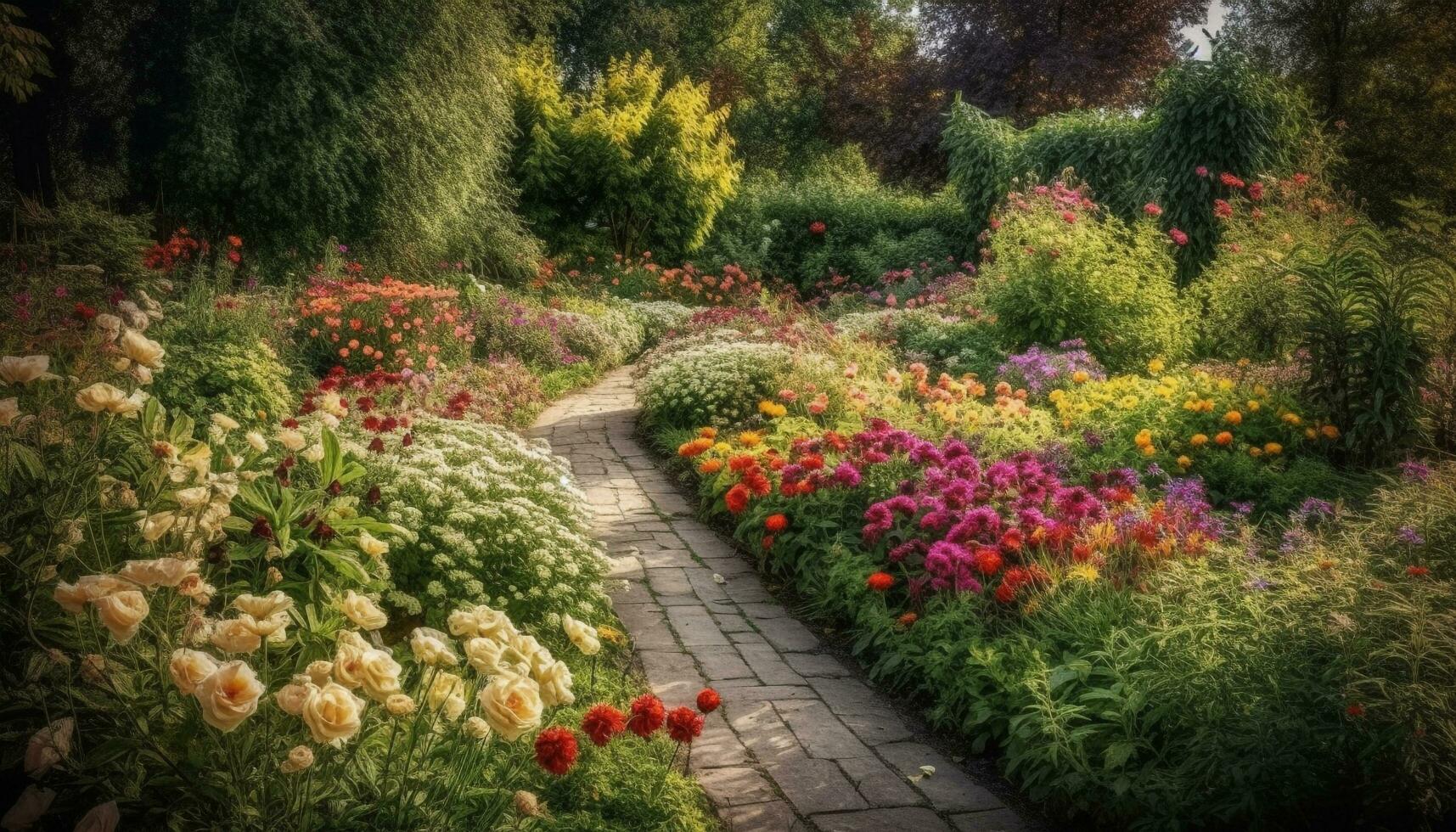 ai generiert ein beschwingt Wiese von multi farbig Blumen im ein still Landschaft generiert durch ai foto