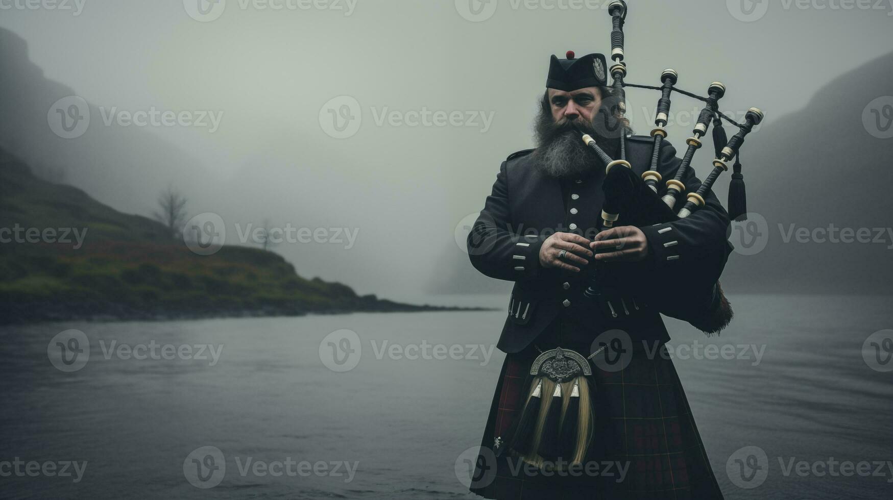 ai generiert schottisch Pfeifer im traditionell Hochland Kleidung ai generiert foto