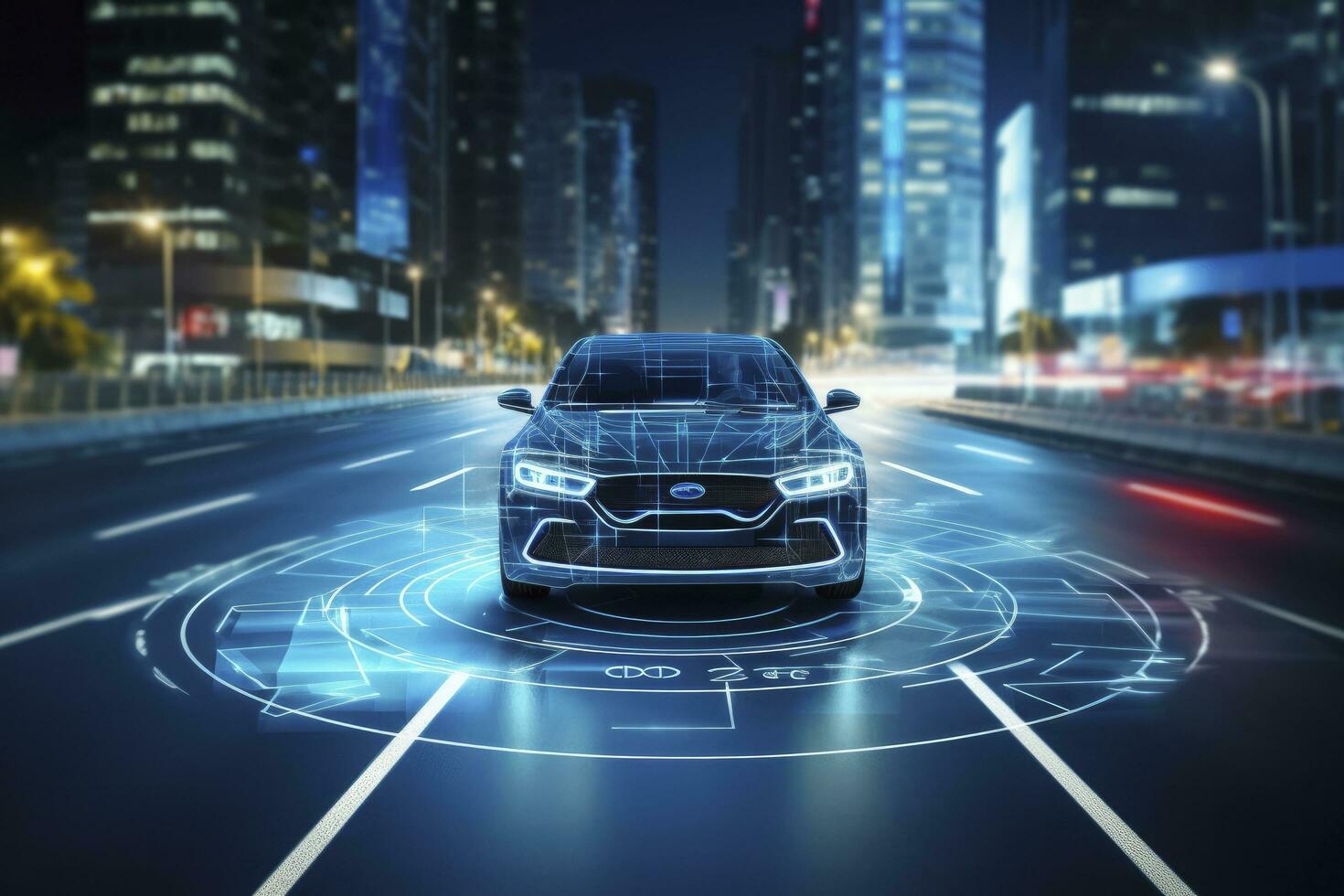 ai generiert modern Clever Auto Technologie intelligent System mit Köpfe oben Anzeige hud autonom selbst Fahren Modus Fahrzeug auf Stadt Straße mit Grafik Sensor Radar Signal System intelligent Wagen. foto