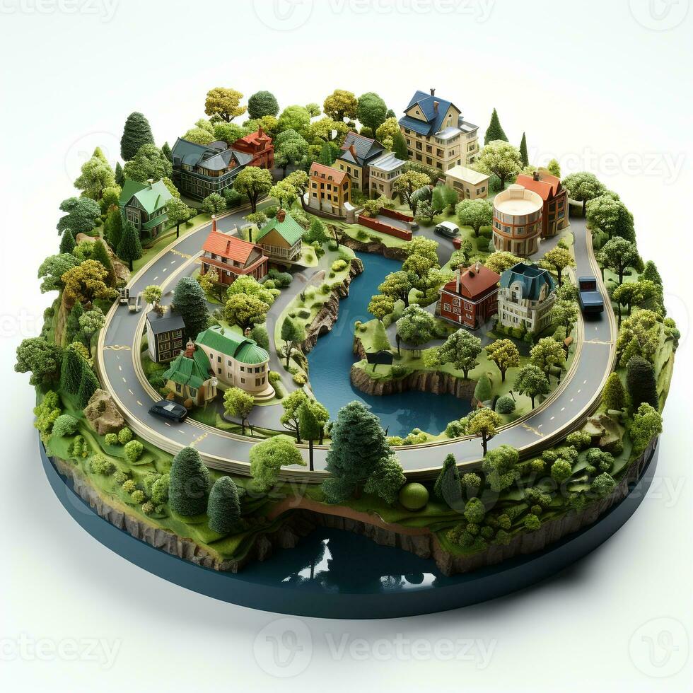 ai generiert 3d Miniatur Dorf Modell- auf ein Weiß Hintergrund foto