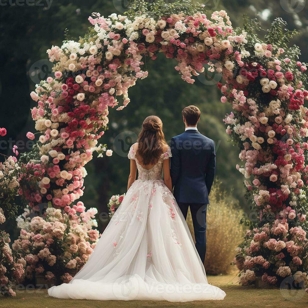 ai generiert Hochzeit Zeremonie, Braut und Bräutigam Stand unter ein Blume Bogen, Altar. schön Hochzeit im das Garten, Blumen foto
