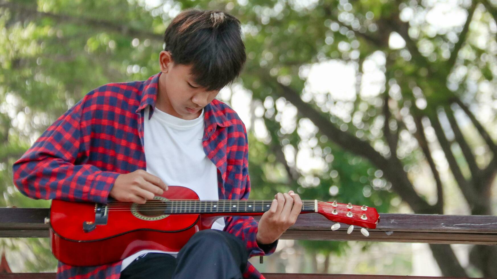 jung asiatisch Junge ist spielen Gitarre im ein lokal Park, Sanft und selektiv Fokus foto