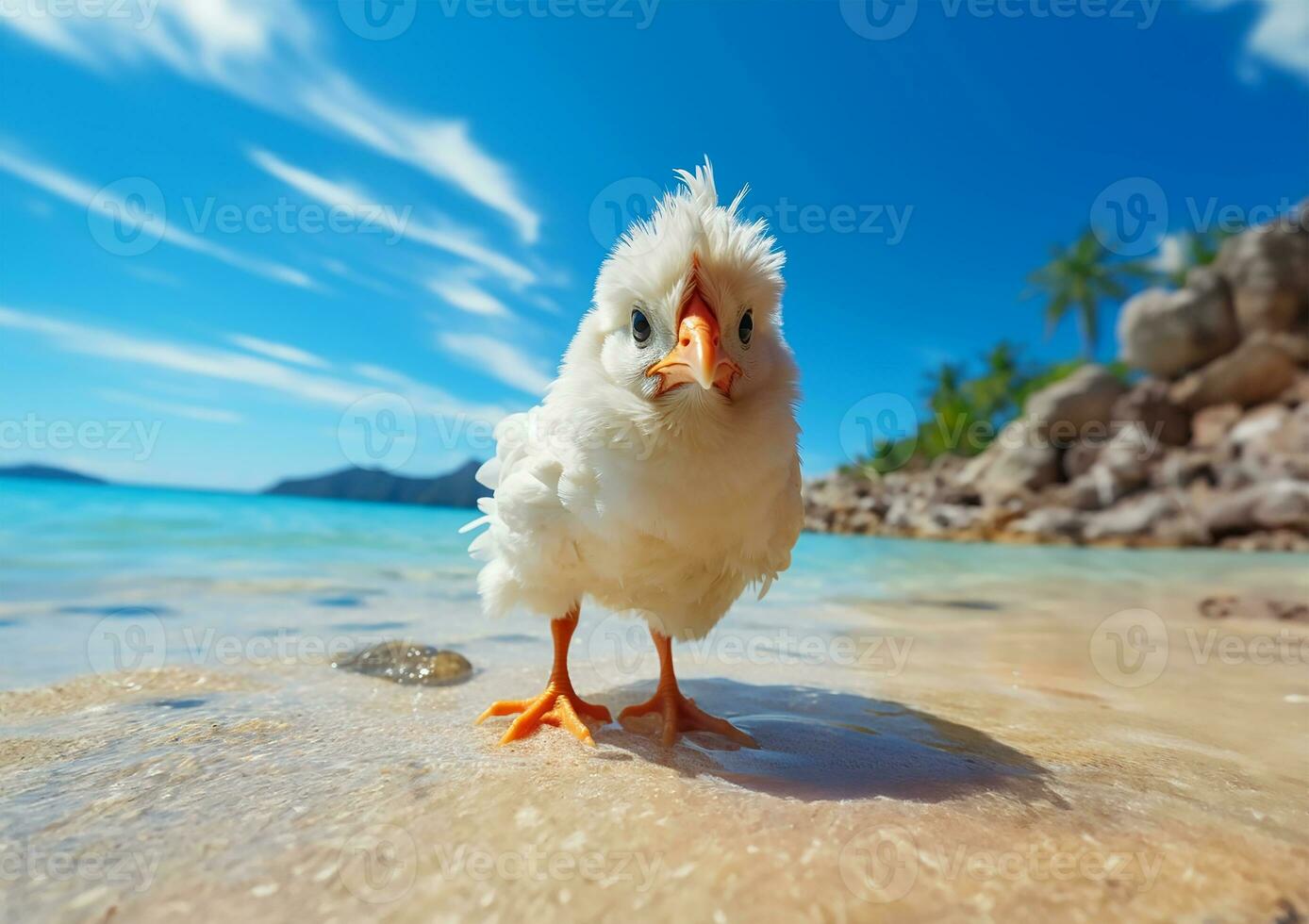 ai generiert Hähnchen erkunden ein sonnig, sandig Strand foto