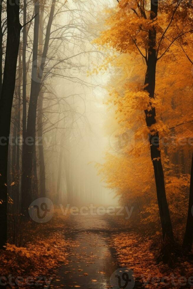 ai generiert Magie Herbst Wald mit Gehen Weg, schön Herbst Landschaft. foto