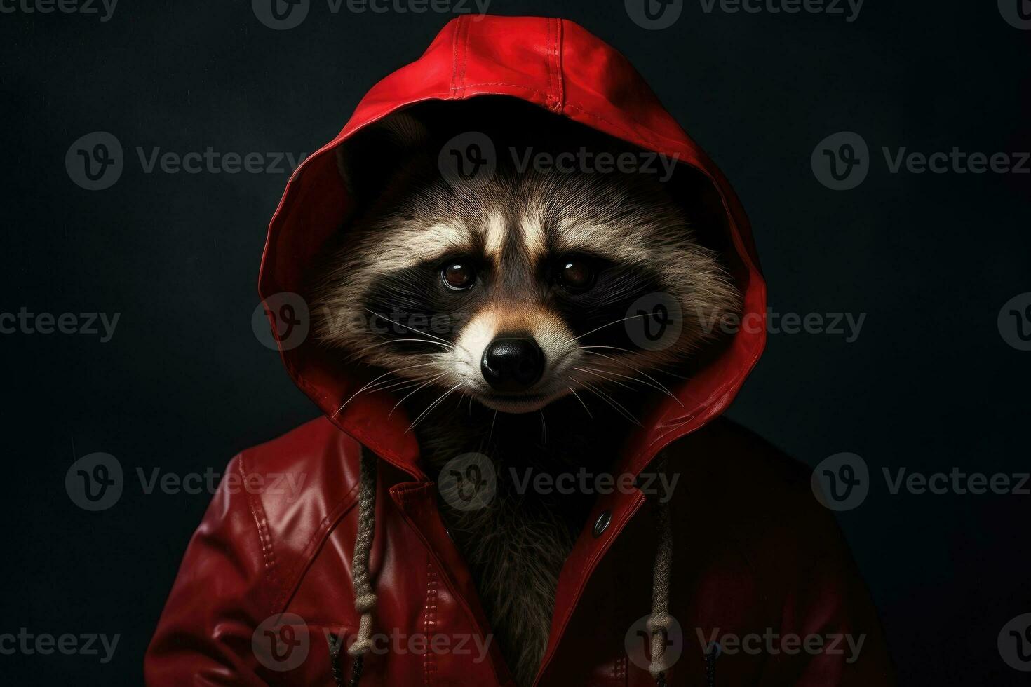 ai generiert Waschbär im ein rot mit Kapuze Jacke foto