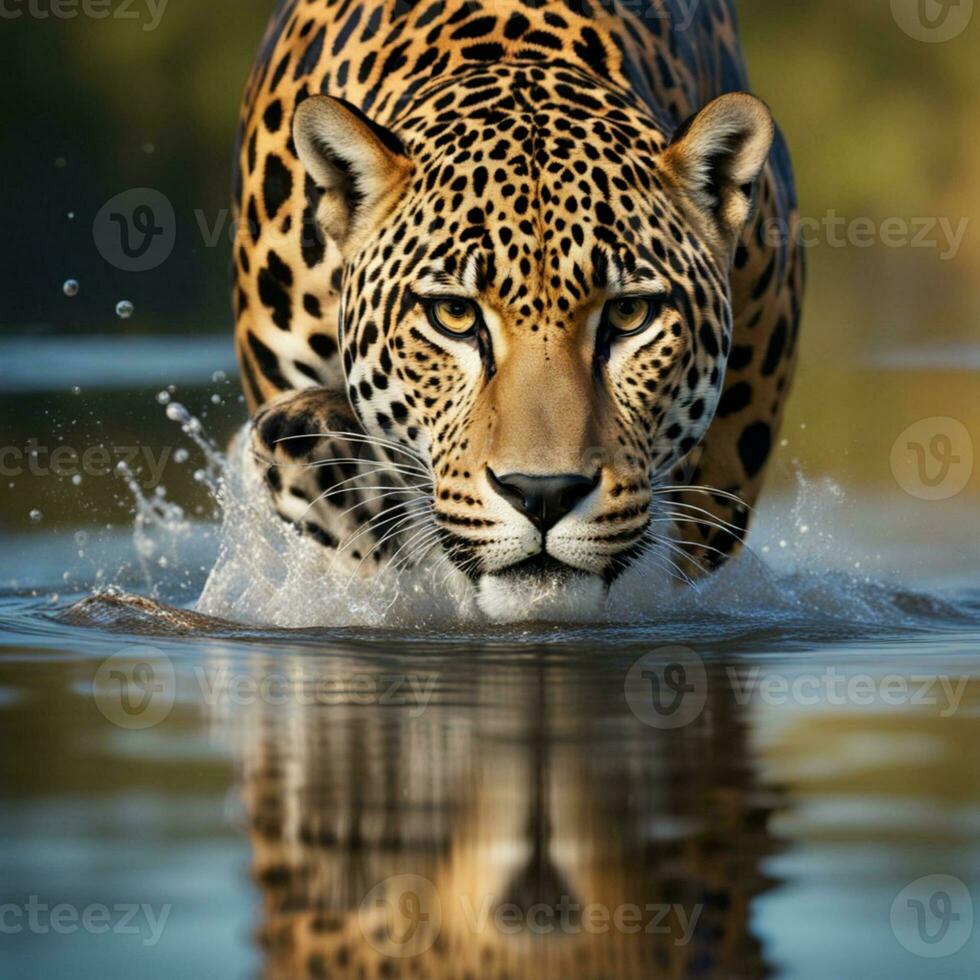 ai generiert ein Leopard Gehen durch Wasser mit Gras und Schilf im das Hintergrund foto