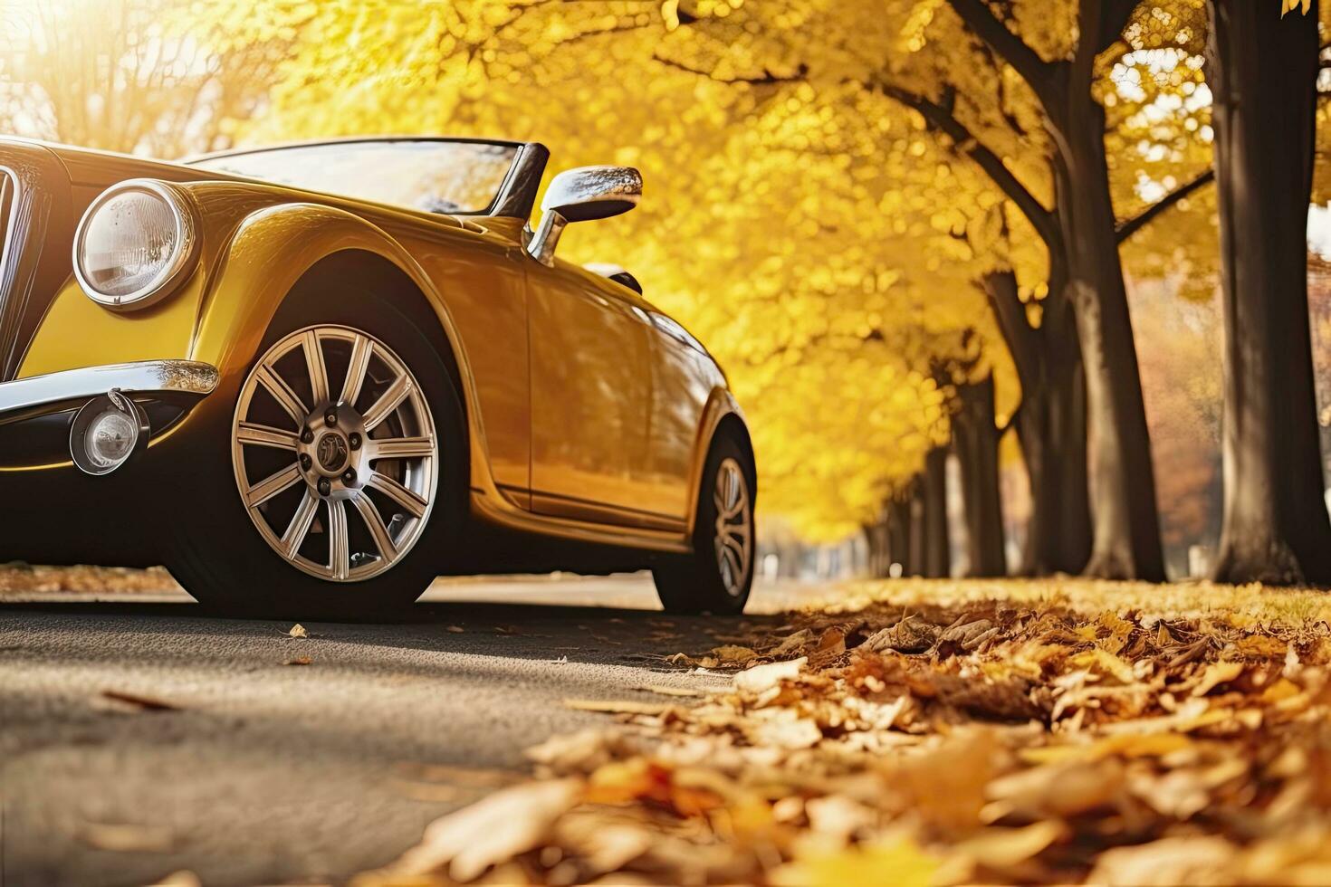 ai generiert Auto auf Asphalt Straße auf ein Herbst Tag beim das Park. ai generiert foto