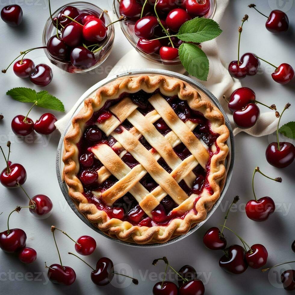 ai generiert Kirsche Kuchen im ein luxuriös Teller foto