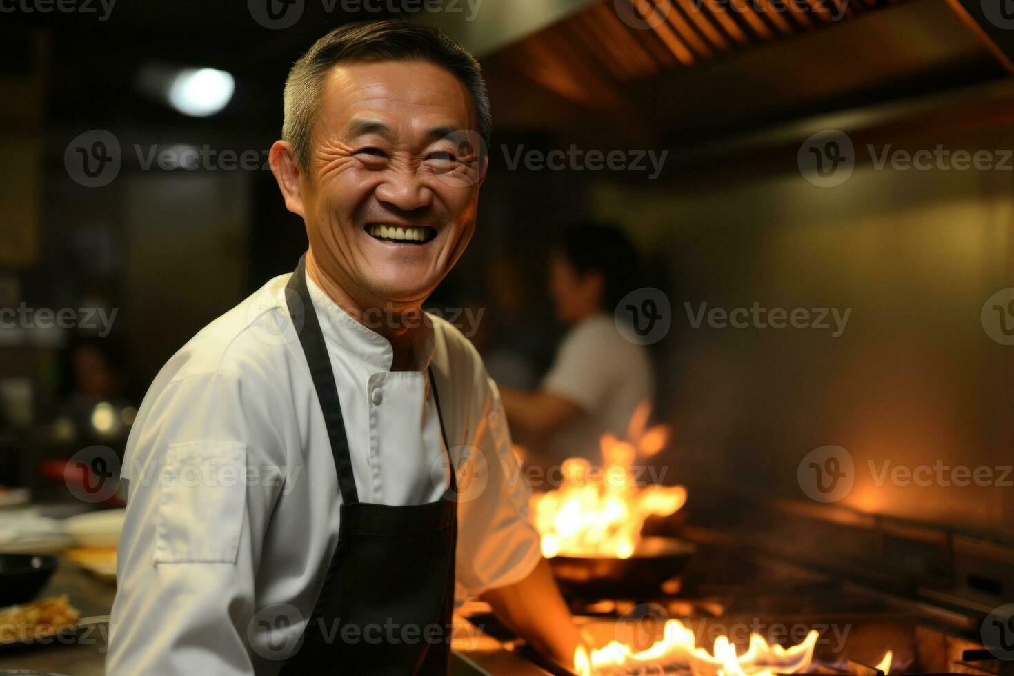 ai generiert ein Mann ist lächelnd während Kochen im ein Küche, ai foto