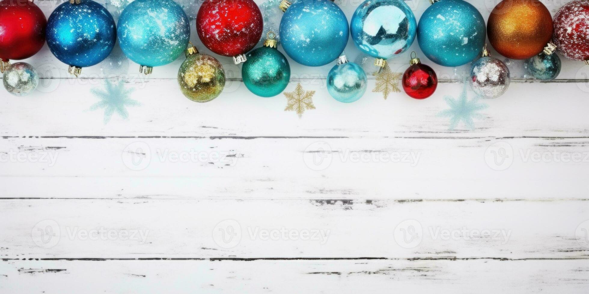 ai generiert ein Reihe von Weihnachten Ornamente auf ein Weiß hölzern Hintergrund, ai foto