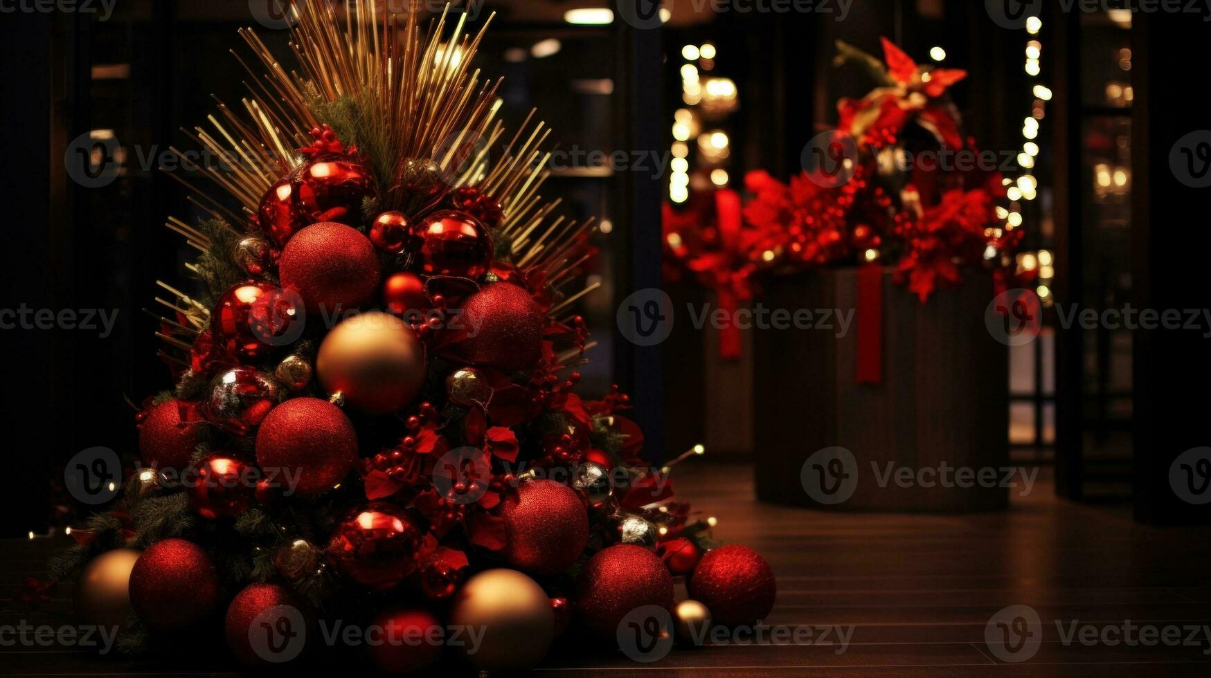 ai generiert ein Weihnachten Baum dekoriert mit rot und Gold Ornamente, ai foto