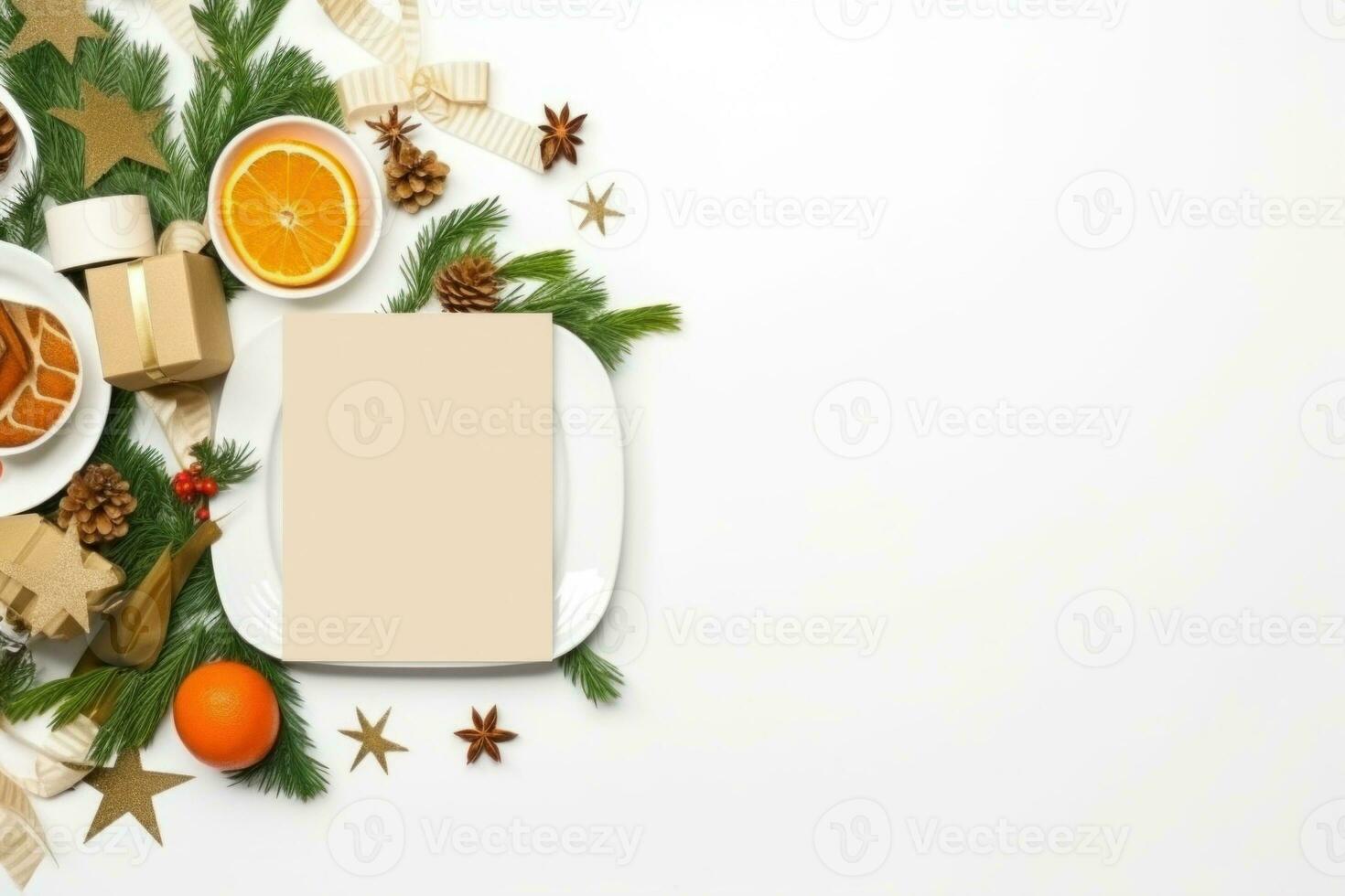 ai generiert ein Weiß Teller gekrönt mit Orange Scheiben Nächster zu Weihnachten Dekorationen, ai foto