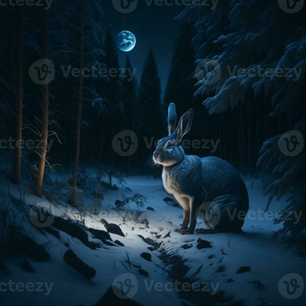 ai generiert Hase im das Nacht Winter Wald foto