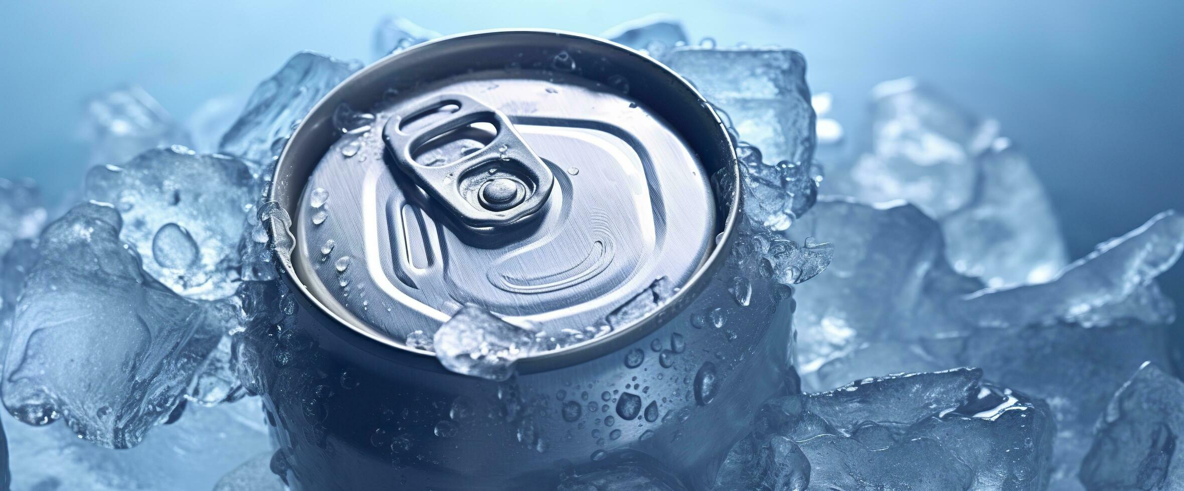 ai generiert oben von trinken Zinn können vereist untergetaucht im Frost Eis, Metall Aluminium Getränk. generativ ai foto