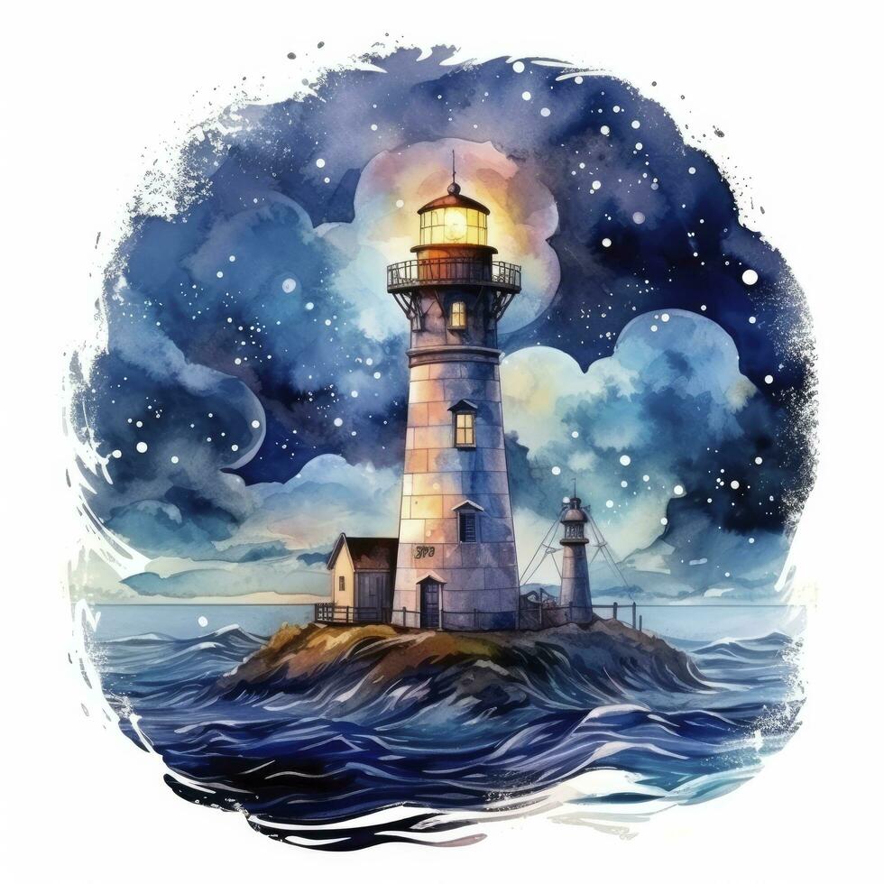 ai generiert Leuchtturm neben das Meer beim Nacht. Aquarell zum T-Shirt Design. ai generiert foto