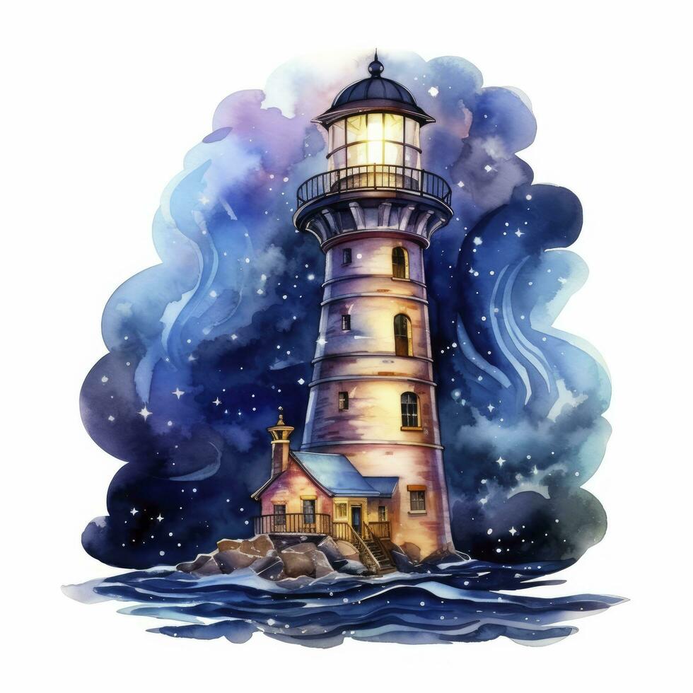 ai generiert Leuchtturm neben das Meer beim Nacht. Aquarell zum T-Shirt Design. ai generiert foto
