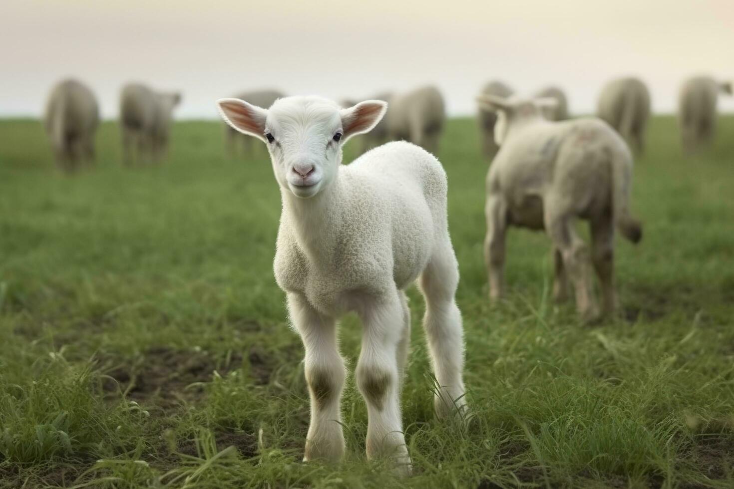 ai generiert Weiß Lamm im ein Feld im Vorderseite von andere Tiere. generativ ai foto