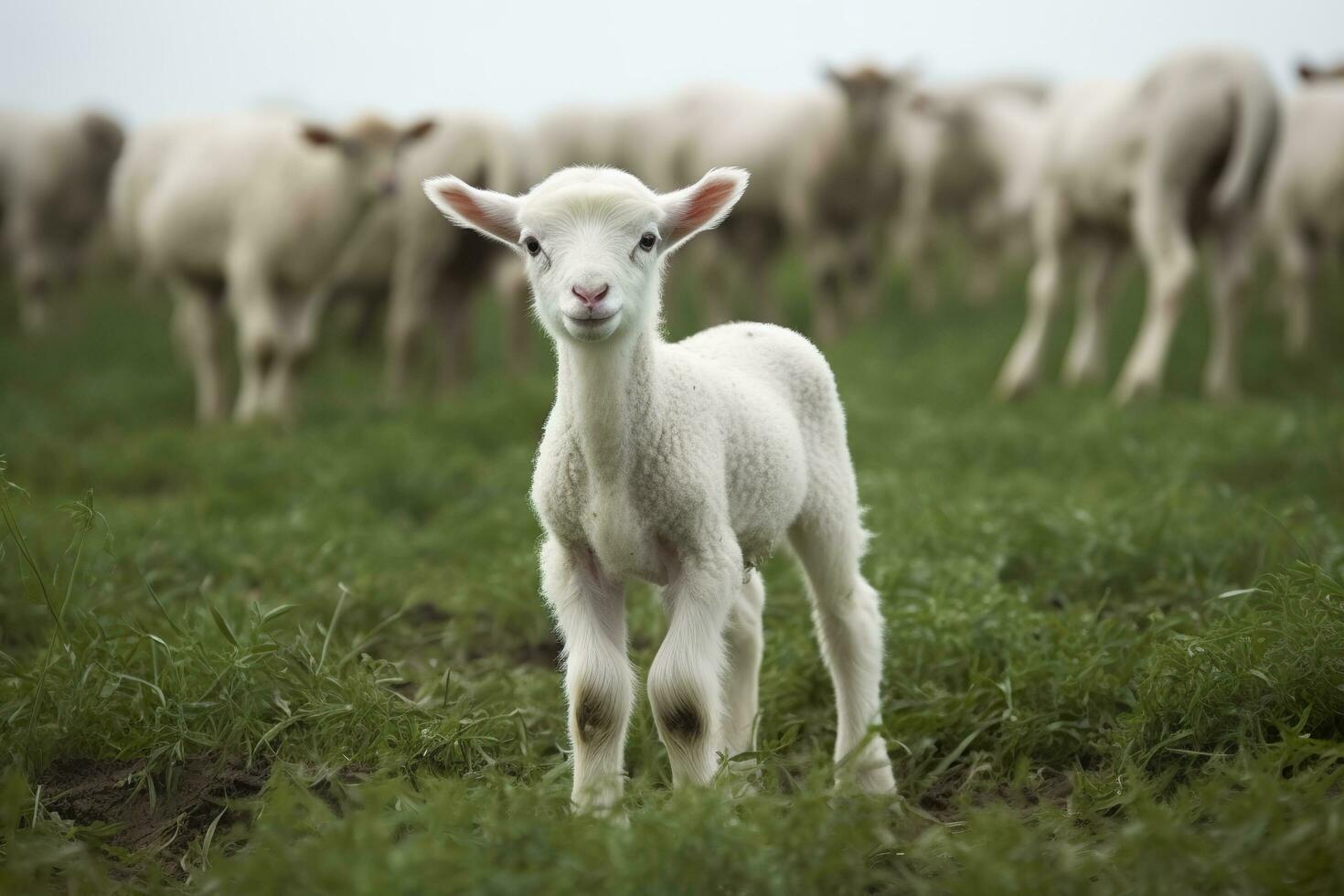 ai generiert Weiß Lamm im ein Feld im Vorderseite von andere Tiere. generativ ai foto