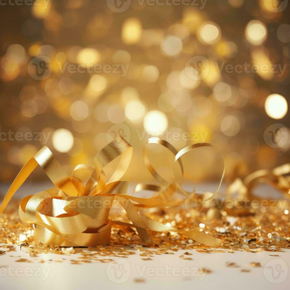 ai generiert golden verschwommen Hintergrund mit ein Bokeh Wirkung, Konfetti, und golden Bänder. ein abstrakt luxuriös festlich Hintergrund. generativ ai. foto