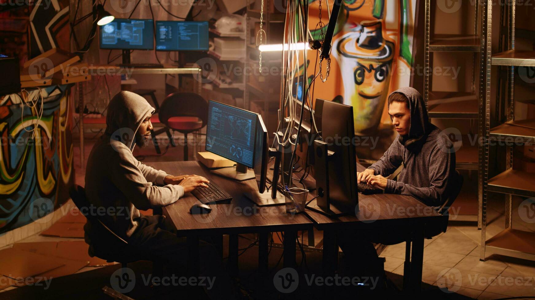 Hacker Laufen von Polizei nach tun Daten Verstöße und finanziell Diebstahl im dunkel Bunker. Cyberkriminelle gejagt durch Gesetz Durchsetzung zum stehlen Benutzer Bank Konto Referenzen foto