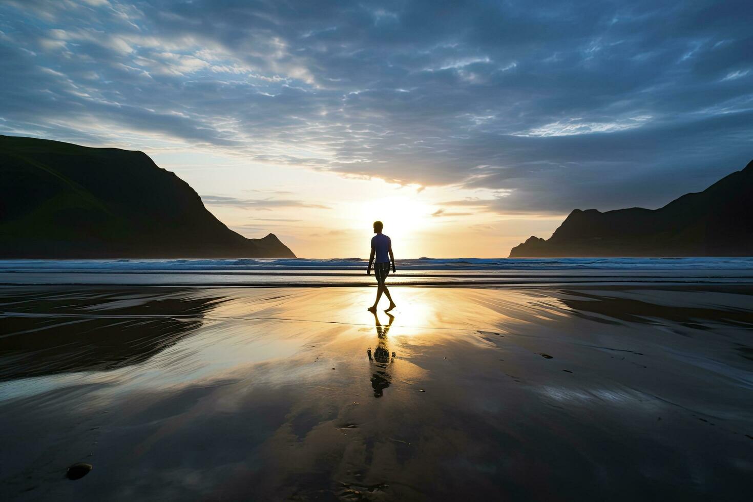 ai generiert ein Person Gehen auf das Strand beim Sonnenuntergang. ai generiert. foto