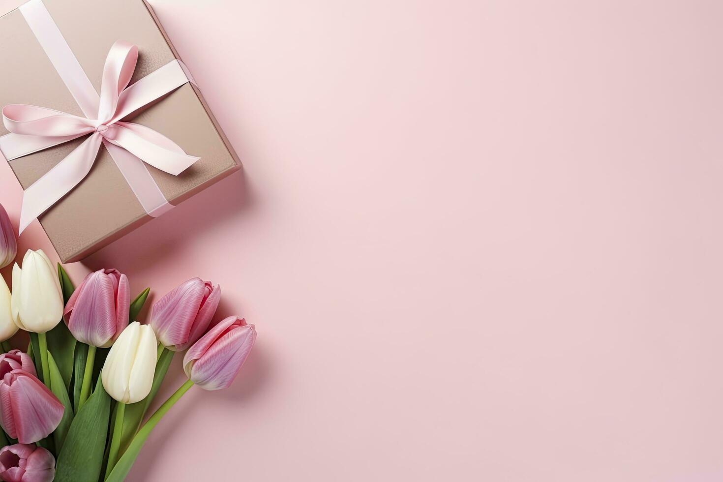 ai generiert Mutter Tag Konzept. Rosa Geschenk Box mit Band Bogen und ein Strauß von Tulpen. ai generiert foto