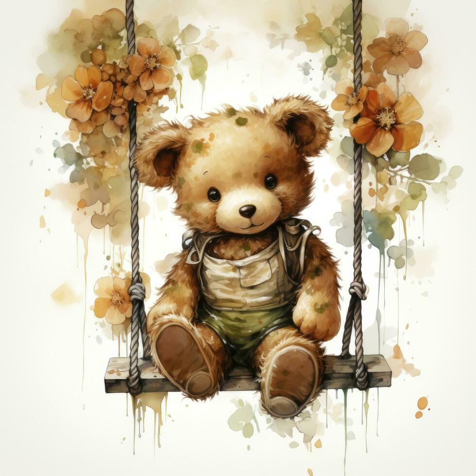 ai generiert ein süß glücklich Teddy Bär Schaukeln auf ein Baum auf ein Weiß Hintergrund. ai generiert foto