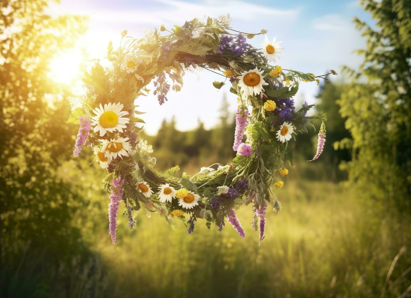 ai generiert rustikal Wildblumen Kranz auf ein sonnig Wiese. Sommer- Sonnenwende Tag, Hochsommer- Konzept. generativ ai foto