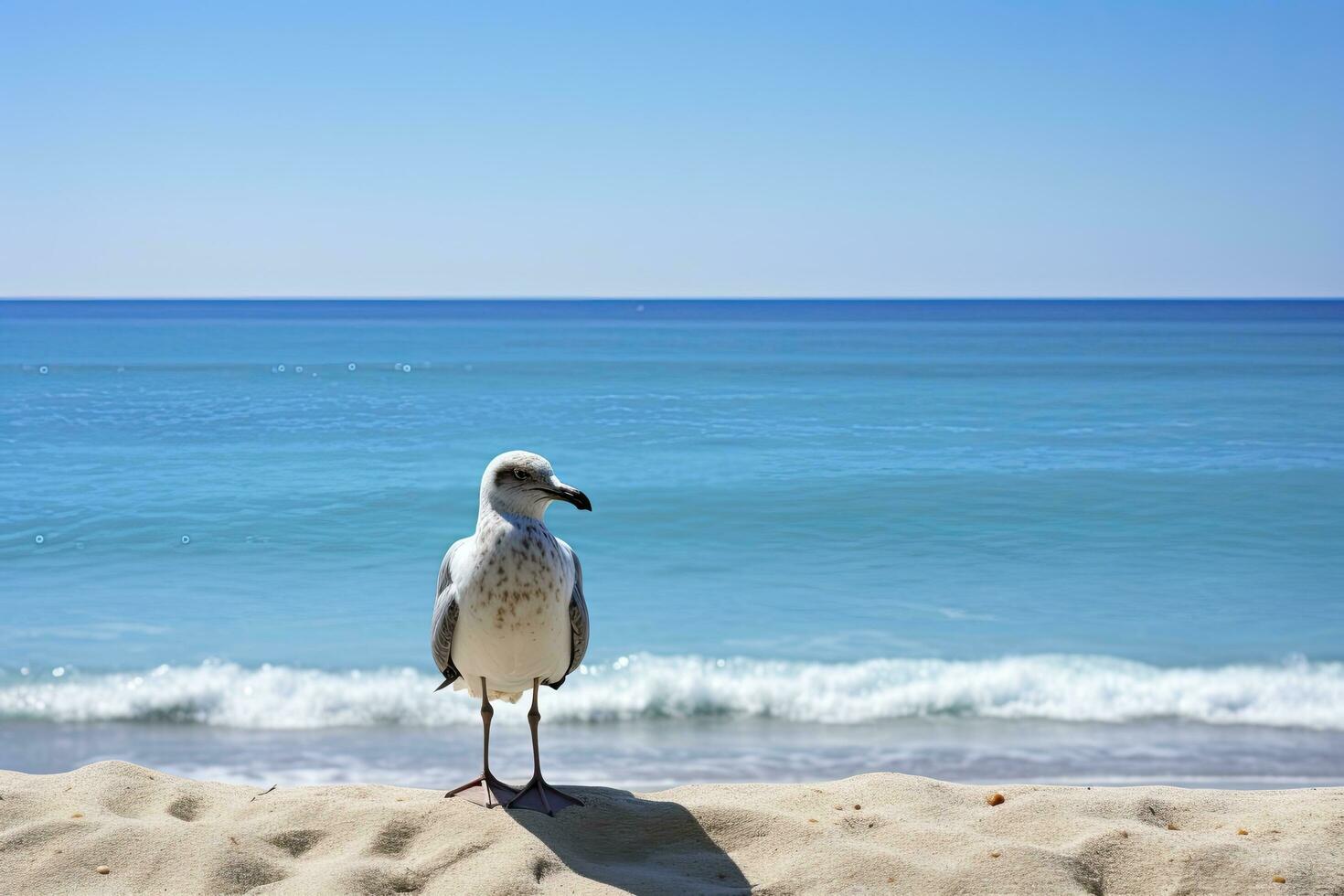 ai generiert Möwe auf das Strand unter Blau Himmel. foto